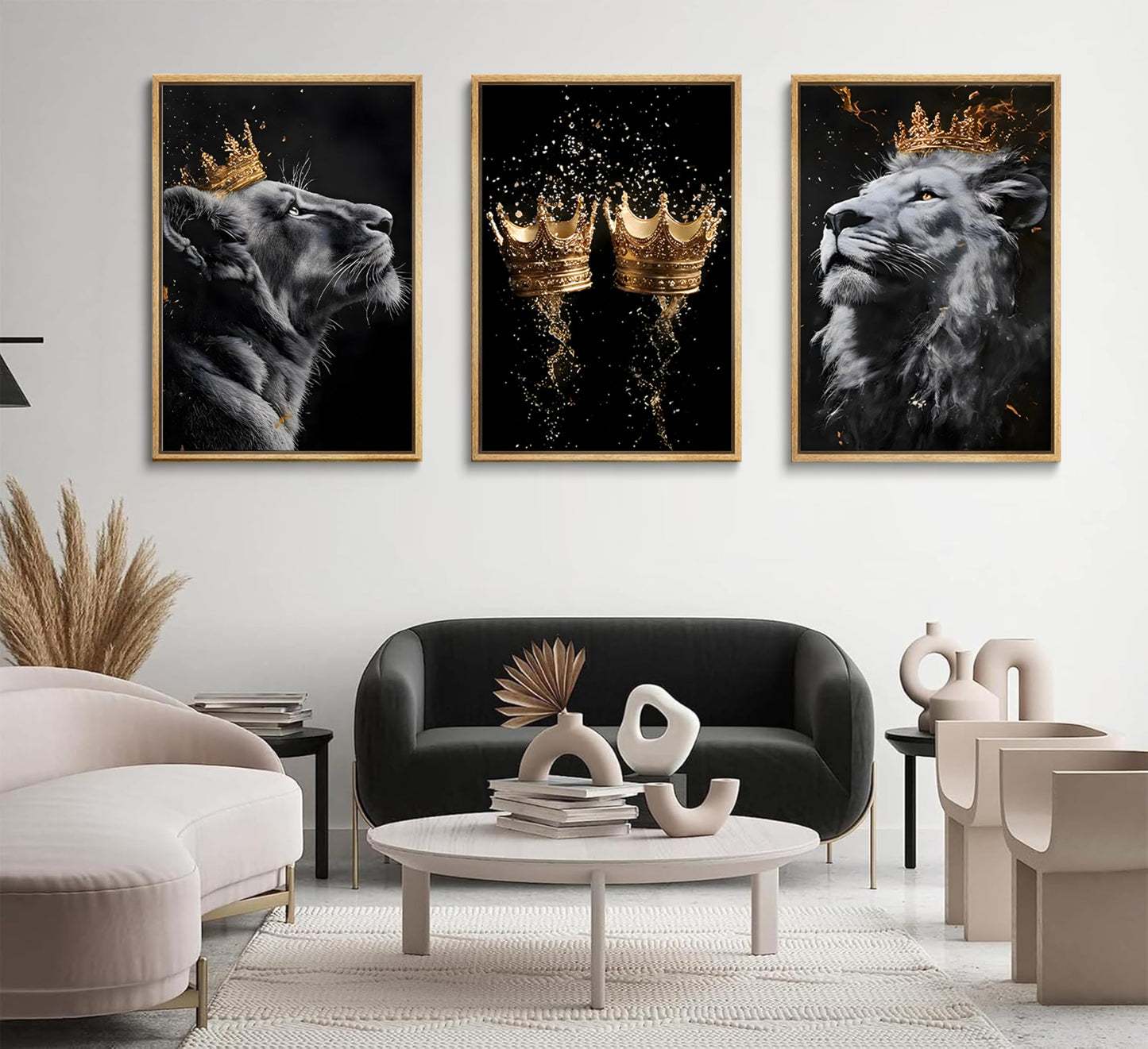 3 Pieces Lion Canvas Wall Art Golden crown with lion Poster print Modern Motivational Black And White Lion Pictures Wall Decor for Living room Office Decoration Unframed