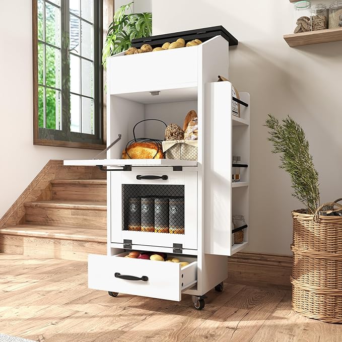 Verano Garden Potato and Onion Storage Bin on Wheels, Wood Bread Box with Lid & Mesh Doors, 4-Tier Rolling Fruit and Vegetable Storage Organizer w/Drawer & Side Rack for Kitchen (White, 16.0")