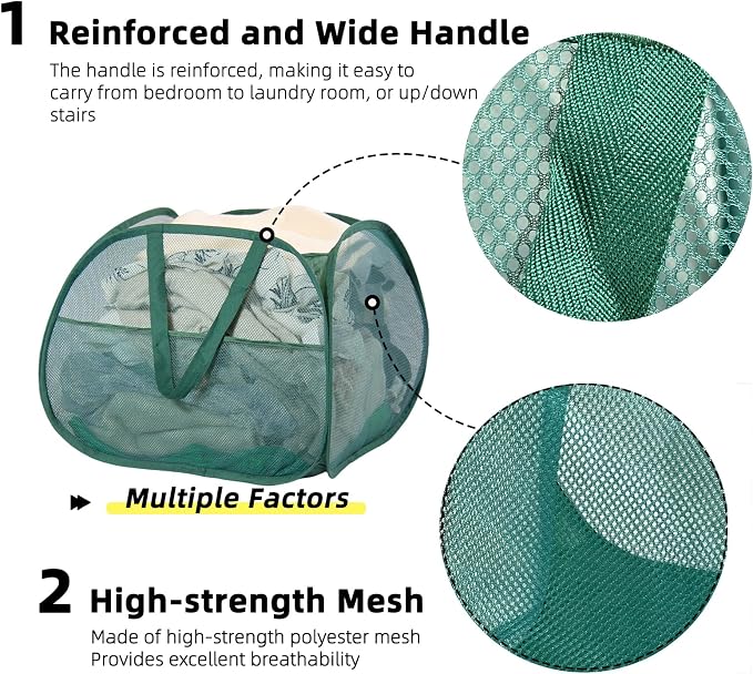 Collapsible Laundry Basket, 90L Foldable Pop Up Laundry Hamper with Handles, Mesh Dirty Clothes Hamper for Laundry, Bathroom, Kids Room, Dorm,Travel or Camping (Green, 2PCS)