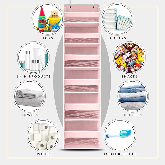 HOMELUX THEORY UPGRADED 6 Tiers Over The Door Organizer Hanging - 100D EXTRA THICK & 50lbs HUGE CAPACITY, 12 Side Mesh Pockets Over The Door Shoe Organizer, Hanging Closet Organizer (Baby Pink, 2pc)