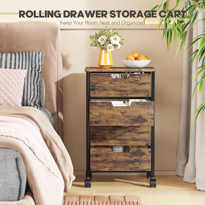 Rolling Cart with Drawers, Wooden Top and Front, with Wheels Metal Under Desk Storage Cart with 4 Drawers, for Office, Bedroom, Classroom, Home, Rustic Brown