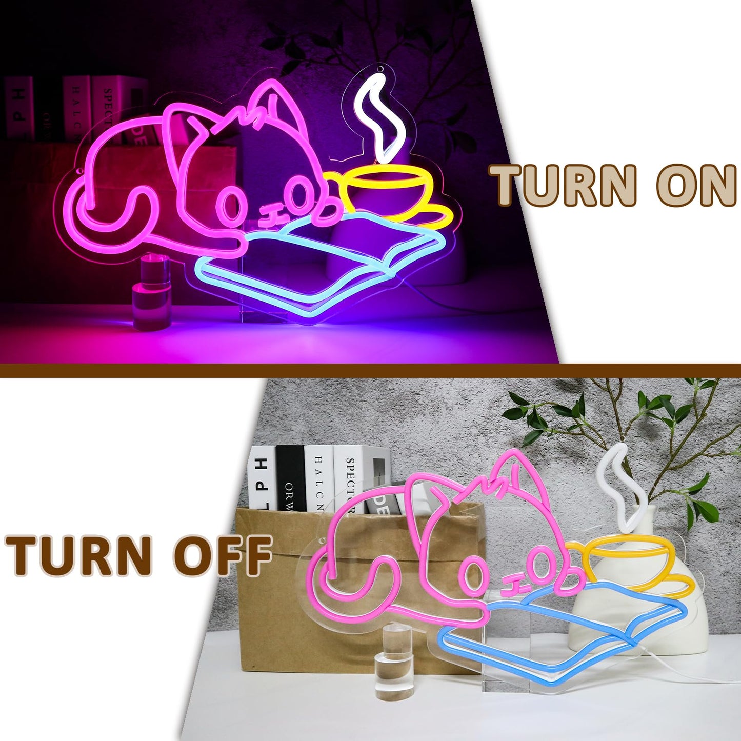 PMCVYH Cat Reading Book Neon Sign for Wall Decor, Cute Cat Led Signs for Library, USB Dimmable Neon Lights for Classroom Reading Cafe Corner Bedroom Study Room Home Book Club Motivational Wall Art