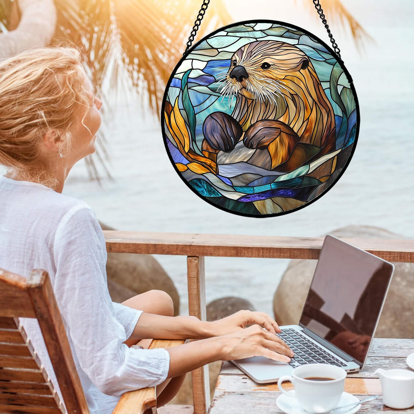 AMDERVEN Stained Glass Suncatcher, Blue Ocean Cute Sea Otter Sun Catcher Stain Glass Window Hanging Decoration Mother's Day Birthday Gifts for Women Men Mom Nana 9.8 in