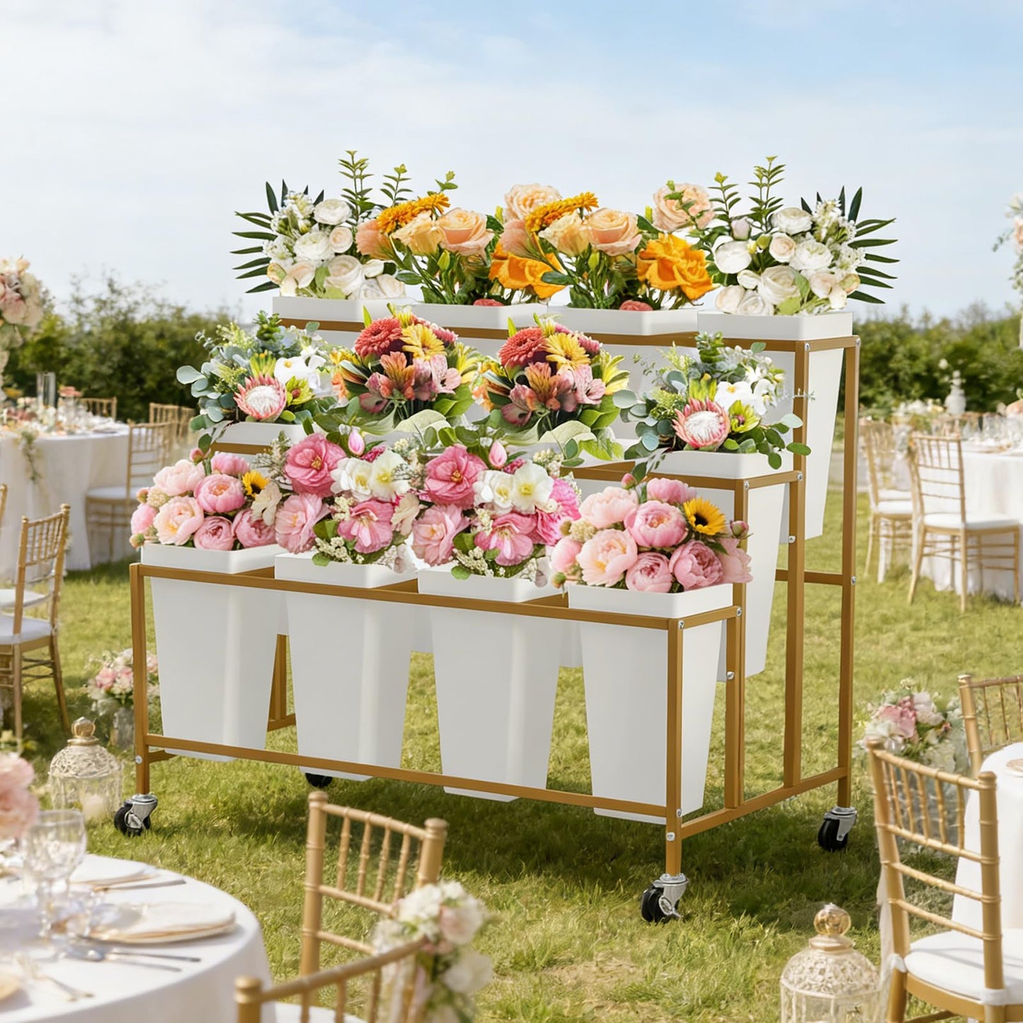 Garvee Flower Display Stand,3 Tier Flower Cart with 12 Round Buckets and Wheels, Moving Flower Cart Display Stand for Garden, Wedding, Flower Shop,Gold