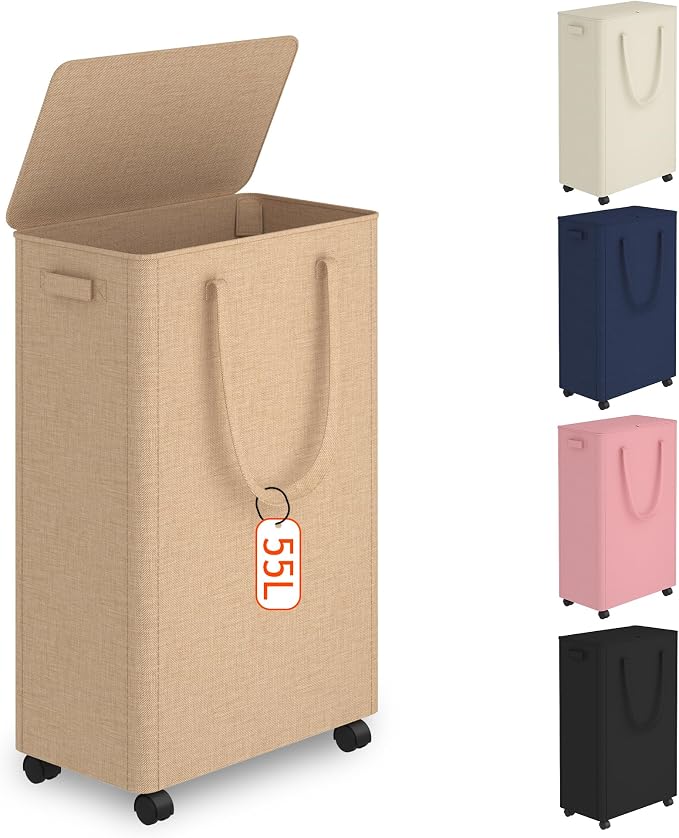 Slim Laundry Hamper with Wheels,15 Gal (55L) Rolling Laundry Basket with lid and wheels Clothes Hamper Foldable Tall Dirty Clothes Basket Sturdy Collapsible Clothes Hamper for Dorm,Laundry Room