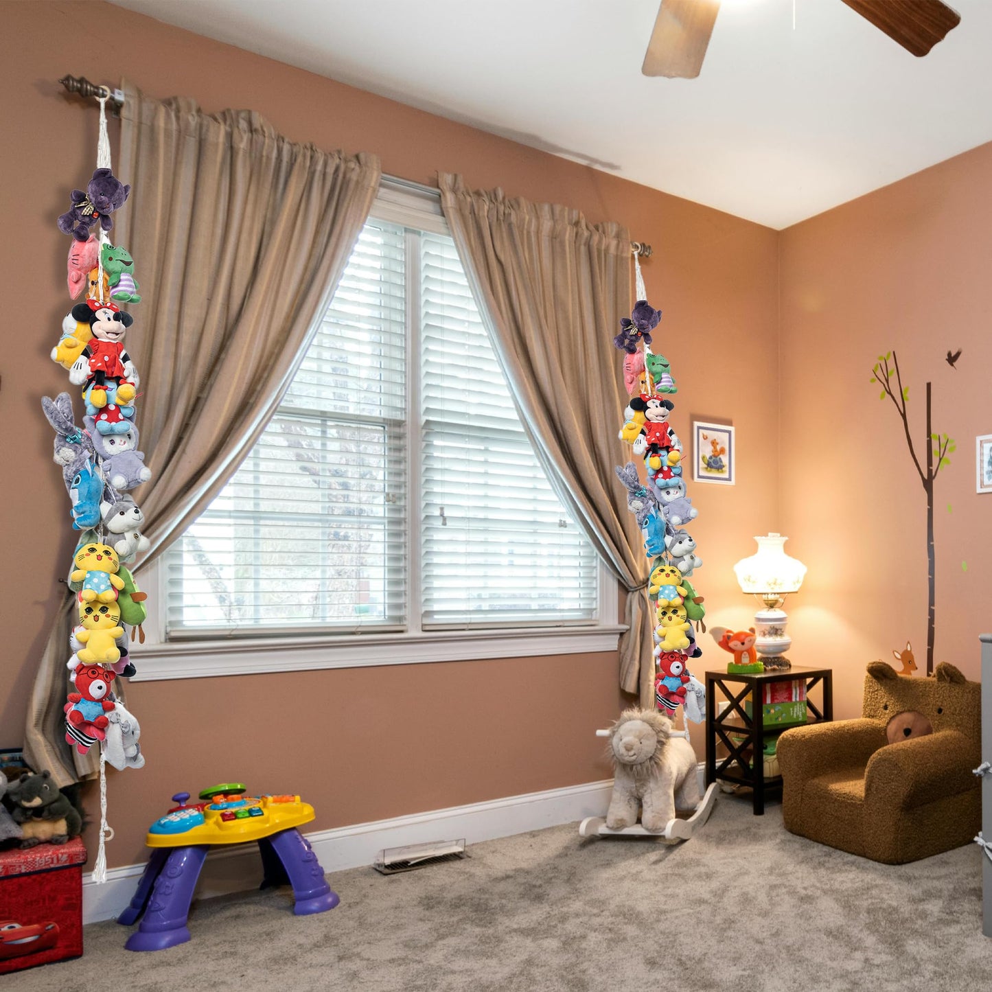 LONCHDAN 80" 2 Pack Cotton Hanging Storage Chain for Stuffed Animals Storage with 40 Metal Clips Stuffed Animal Organizer Chain for Wall Corner Nursery Play Room