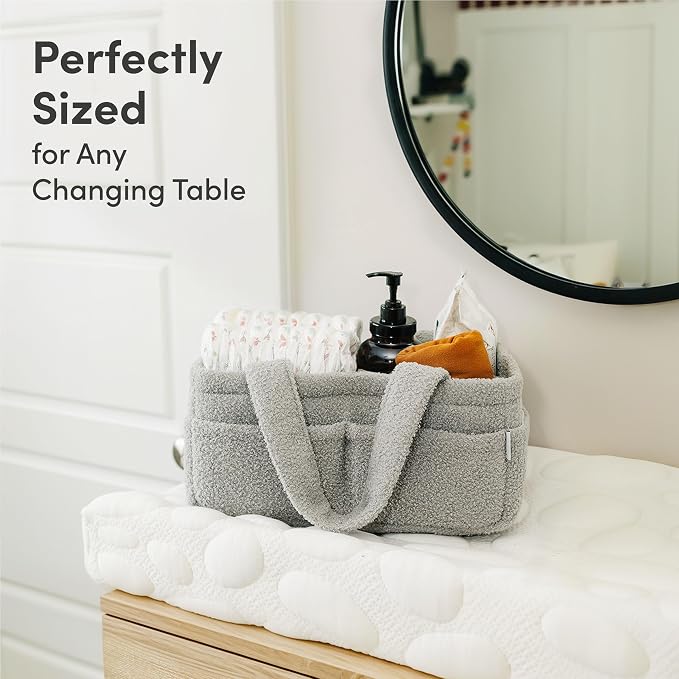 PUTSKA Baby Diaper Caddy Organizer for Changing Table – Stylish Nursery Storage Basket, Newborn Essentials, Baby Shower Gifts and Registry Must-Haves for Boy or Girl, Car Diaper Caddy, Fleece Grey