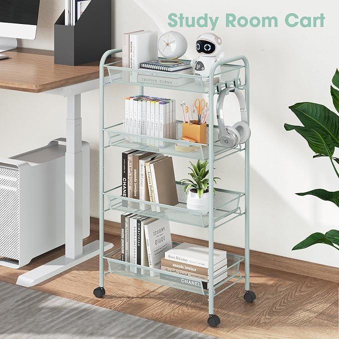 TOOLF 4-Tier Rolling Cart, Metal Utility Cart with 3 Hooks, Easy Assemble Mobile Storage Trolley On Wheels, Metal Shelving Units Kitchen Bathroom Laundry Room