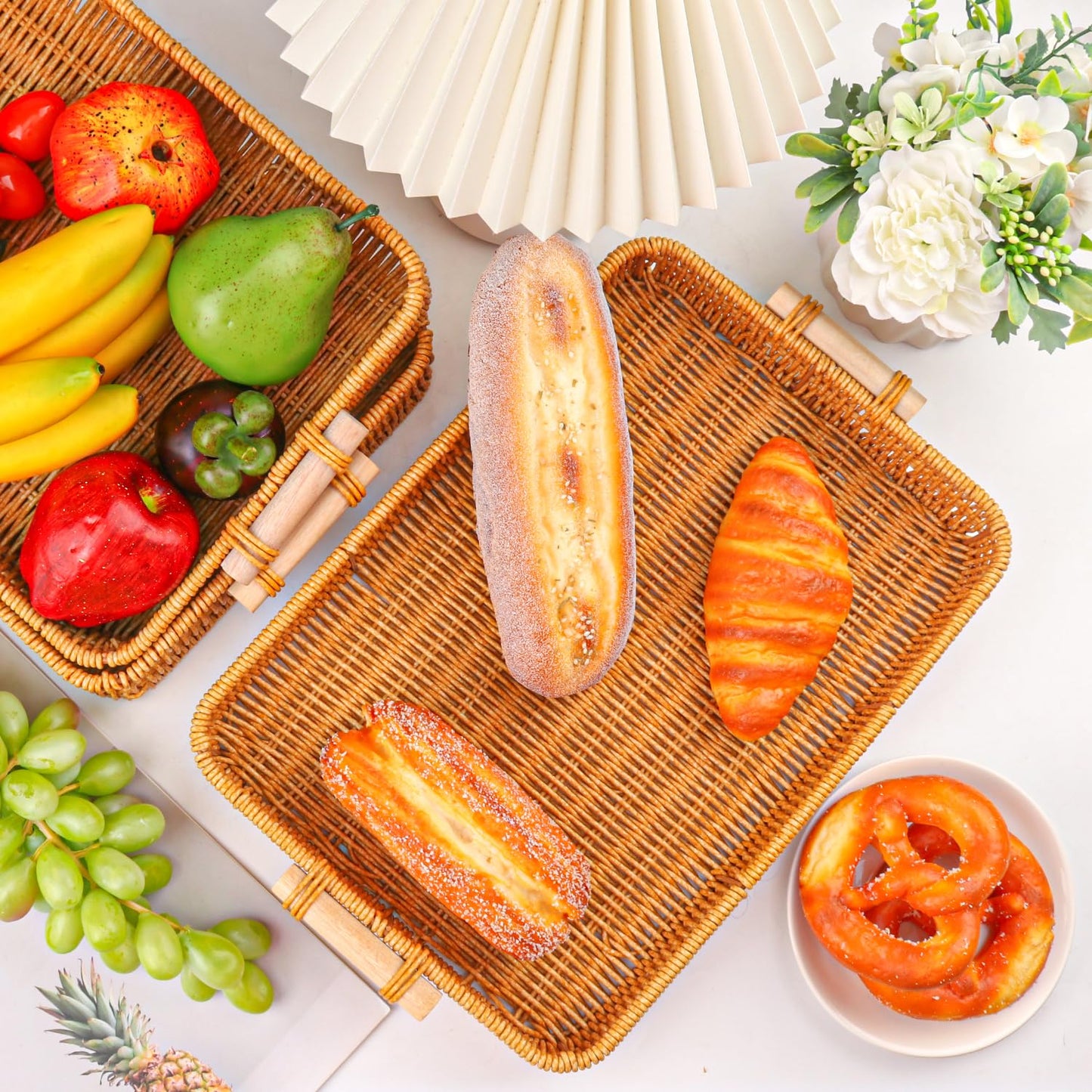 Geytetqi 3 Pack 13.8 x 9.8 inch Rectangle Rattan Tray, Rectangle Woven Serving Basket with Handles, Storage Rattan Serving Trays for Home, Restaurant & Hotel Use, Durable & Easy-Cleaning