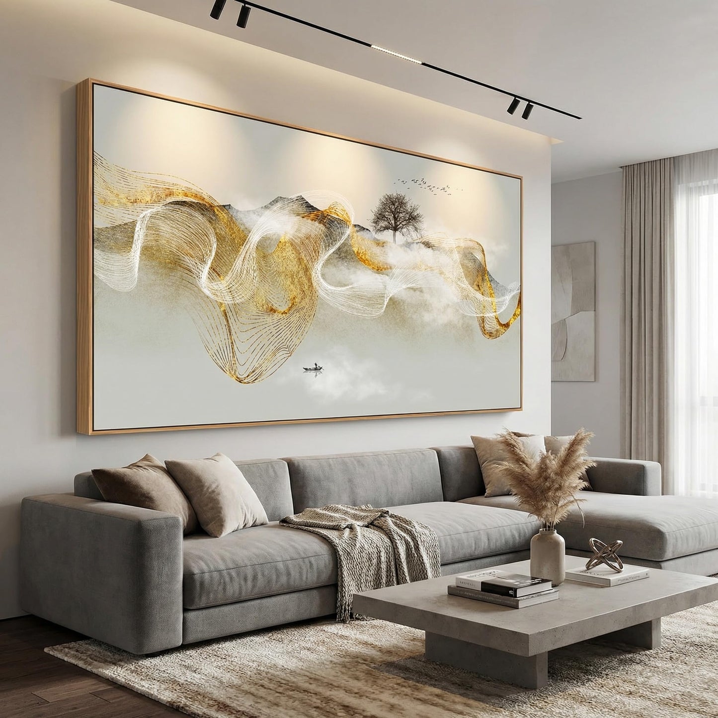 HUADAOART Wall Art Modern Zen Light Luxury Natural Landscape with Golden and White lines Background Wall Decor Canvas Prints for Living Room Bedroom 20x40 Inches (Framed)