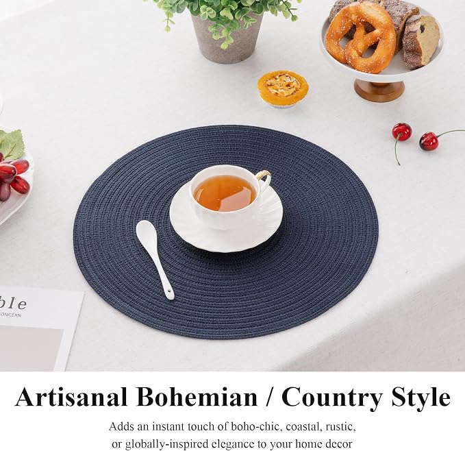 SHACOS Round Placemats Set of 6 Washable 15 inch Circle Polyester Woven Braided Place Mats for Dining Table Indoor Outdoor Table Mats Home Party Wedding Decor (Navy, 6)