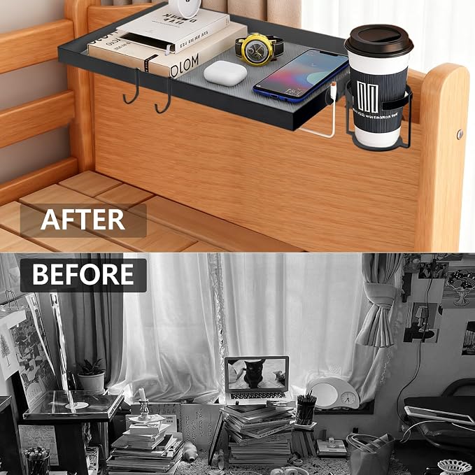 Metal Bedside Shelf for Dorm Room Bunk Bed & Top Bunk, Dorm Room Essentials, Bed Side Table Tray Organizer (Black)
