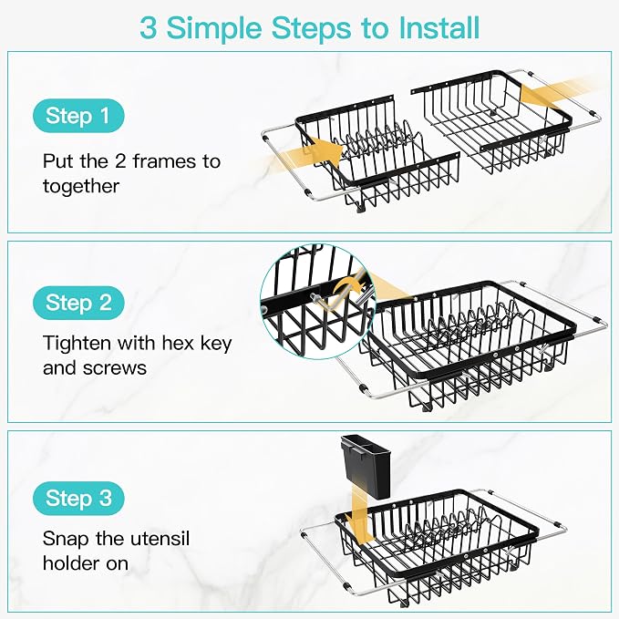 JASIWAY Black Expandable Stainless Steel Over The Sink Dish Drying Rack for Small Kitchen Counter Space Saving, Compact Plate Drainer Strainer, Adjustable Hanging Metal Dish Dryer with Utensil Holder
