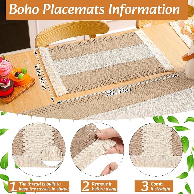 6 Sets Boho Decoration Placemats Round Woven Placemats, Cloth Napkins, Wood Bead Napkin Rings, Long Table Runner and Farmhouse Burlap Cotton for Table Kitchen (Neutral,12x72)