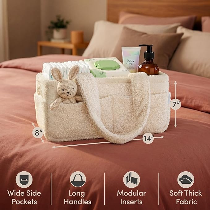 PUTSKA Baby Diaper Caddy Organizer for Changing Table – Stylish Nursery Storage Basket, Newborn Essentials, Baby Shower Gifts and Registry Must-Haves for Boy or Girl, Car Diaper Caddy, Fleece Cream