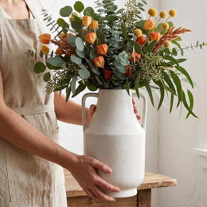 Ceramic Flower Vase, 10.7in Farmhouse Table Rustic Vases, Small Flower Terracotta Vases for Home Decor, Living Room,Table, Handcrafted (Antique)