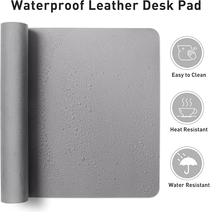 Aothia Faux Leather Desk Mat - Non-Slip PU Leather Desk Blotter, Waterproof Writing Surface, Large Desk Pad for Office & Home (Light Grey, 55" x 24")