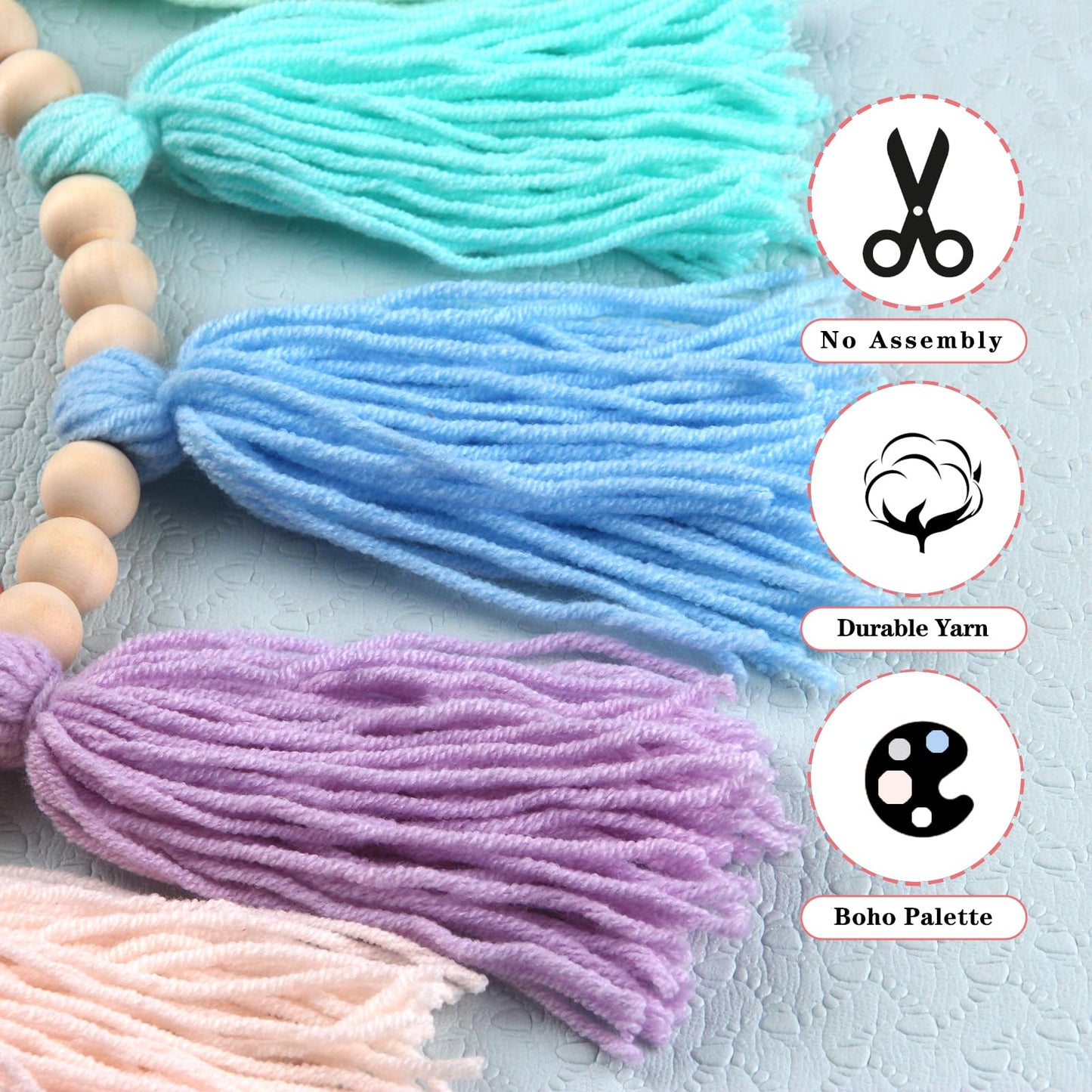 Tasruwat Rainbow Pastel Yarn Wood Bead Tassel Garland Wall Hanging Decor Boho Preppy Bunting Banner Tassels for Spring Easter Nursery Classroom Birthday Party Baby Shower Kids Bedroom Decorations