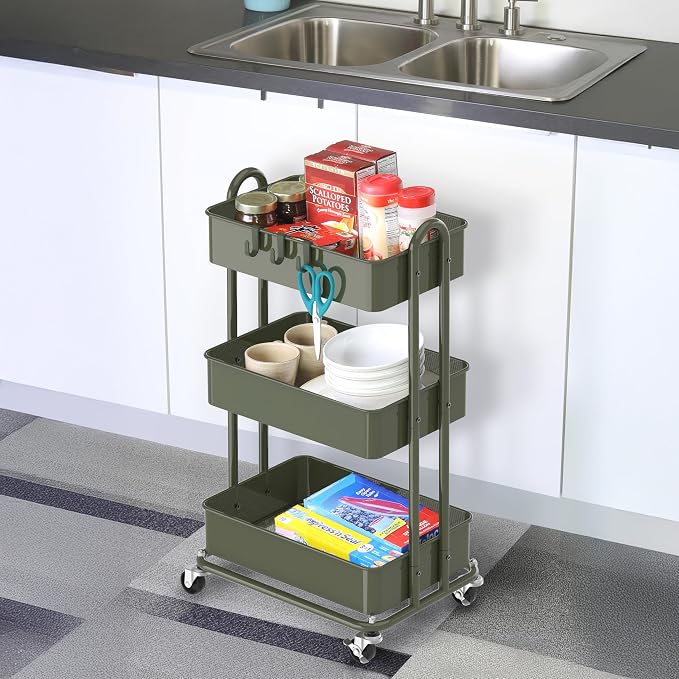 Simple Houseware 3-Tier Heavy Duty Metal Utility Rolling Cart, Army Green