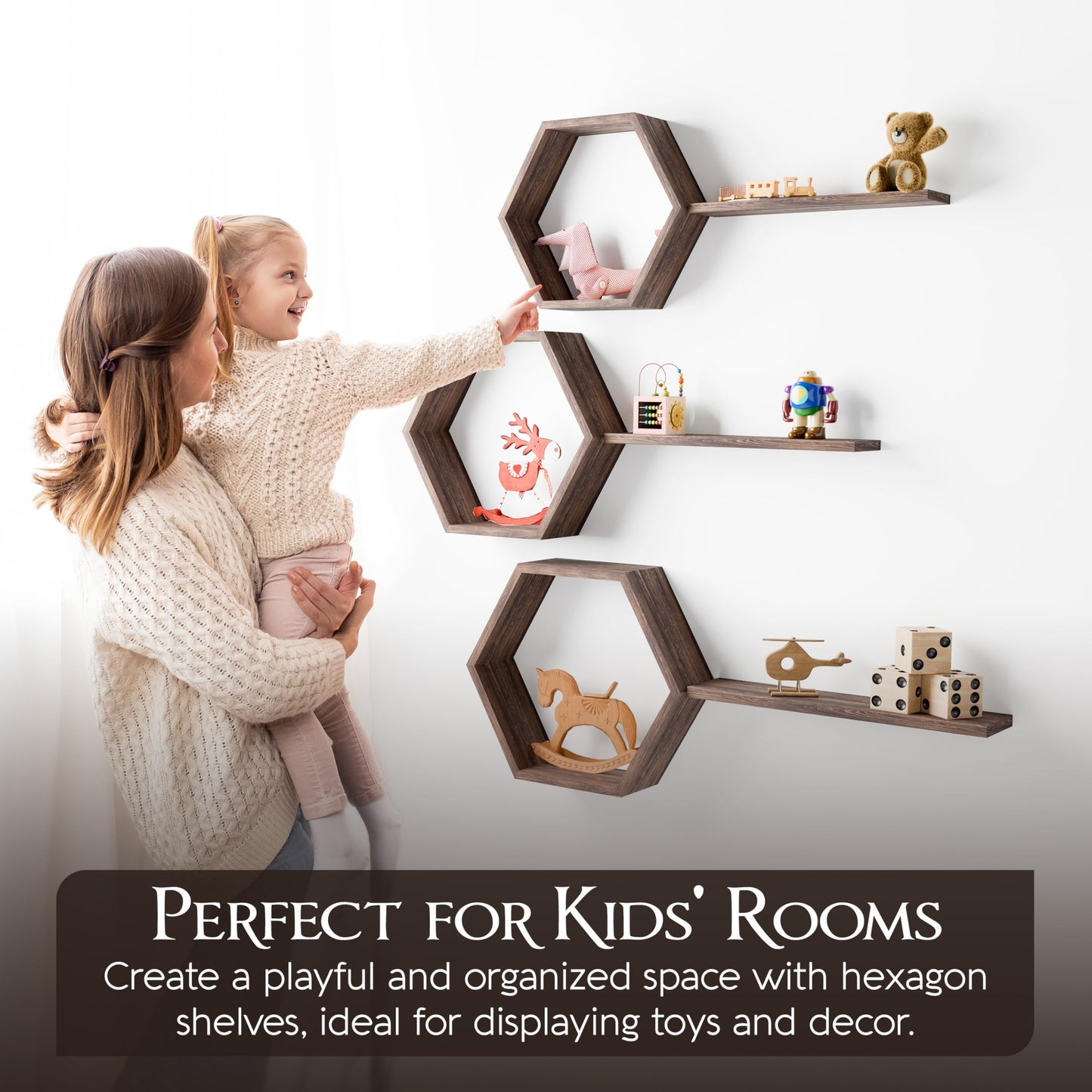 Decovate Hexagon Floating Shelves Set of 6 Honeycomb Shelves for Wall, Wooden Hexagon Shelves for Farmhouse Storage (Rustic Brown)