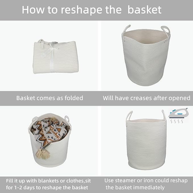 XUANGUO Cotton Rope Laundry Basket Hamper for Clothes Decorative Woven Storage Basket for Living Room Bedroom Boho Tall Rope Baskets for Blanket Toys Baby Nursery Hamper Bin Large white
