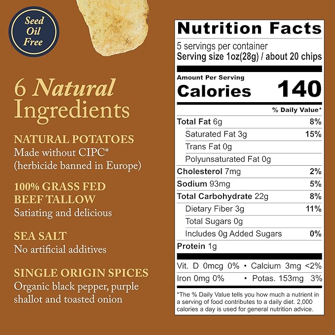 Vandy Crisps Potato Chips - Seed Oil Free Snacks - Gluten Free Potato Chip - Made with Potatoes, Grass-Fed Beef Tallow, Sea Salt, & French Onion Blend - 6 Pack, 5 Ounce Each (French Onion)