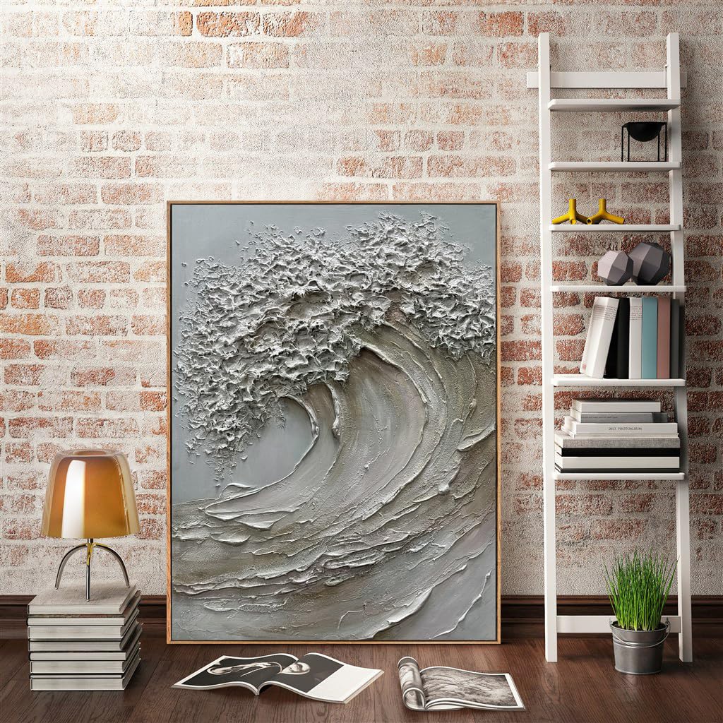 V-inspire 3D Textured Wave Canvas Wall Art, 24 x 36 inches, Hand-Painted Oil Painting with Wood Frame, Modern Abstract Ocean Decor