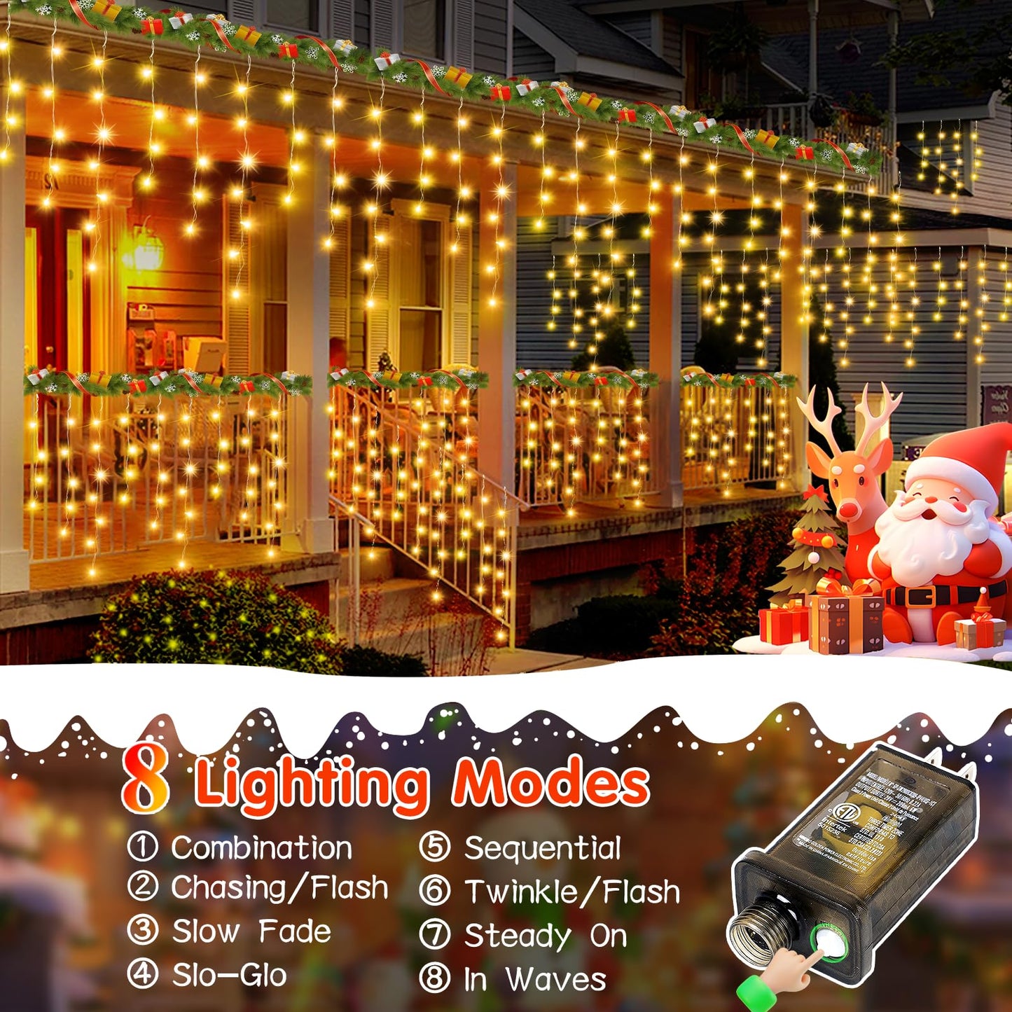 JREWDOIN 131FT Christmas Lights Outdoor 1440 LED Christmas Decorations Waterproof Plug in with 8 Modes & Timer Christmas Lights for Roof Party Garden Holiday Decor（Warm White）