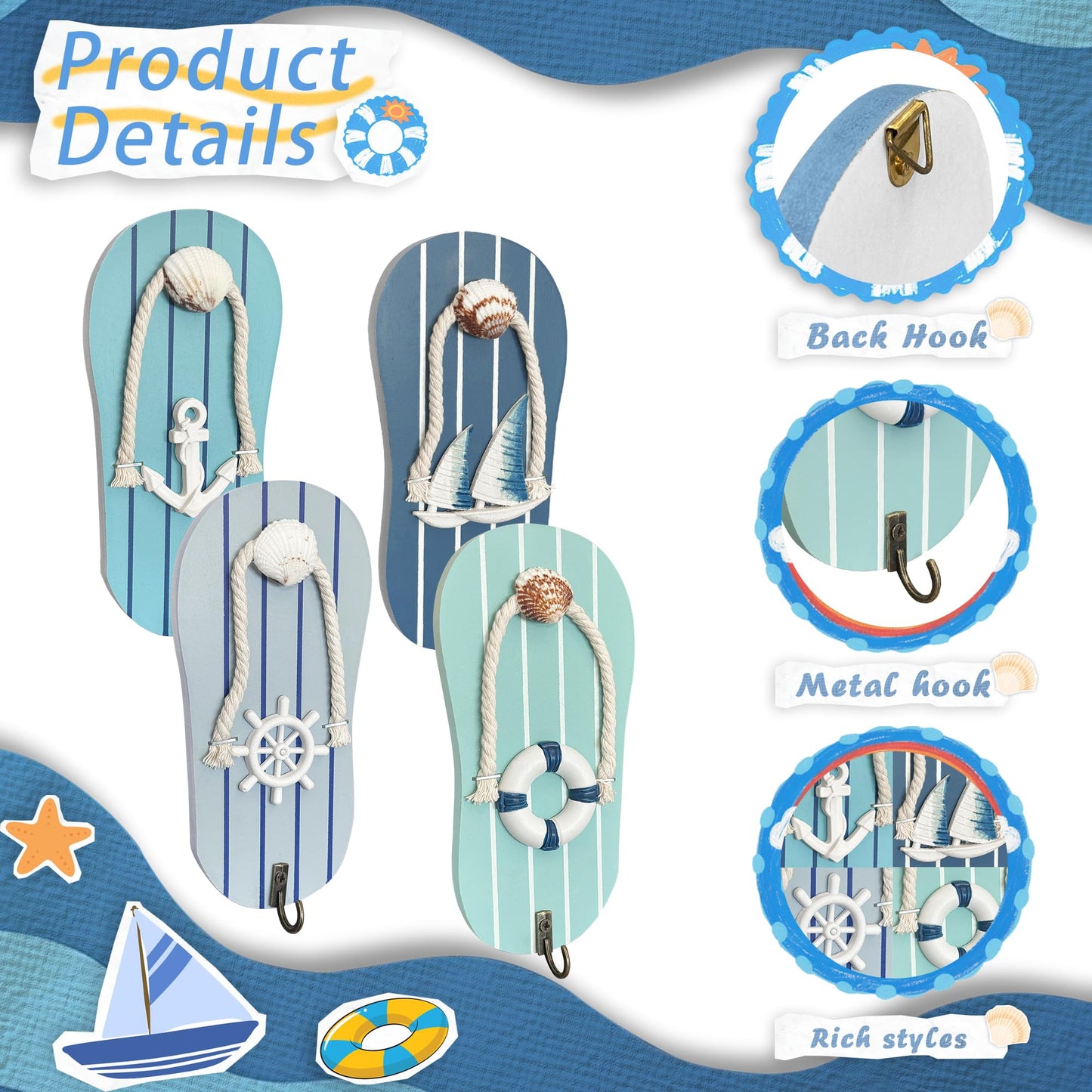 KYIEN Cute Flip Flop Small Towel Wall Hooks- Wooden Beach-Themed Rack with Metal Hooks (9.3") - Coastal Decor for Bathroom & Poolside, Beach Houses for Hanging Key Purse (Blue and White)