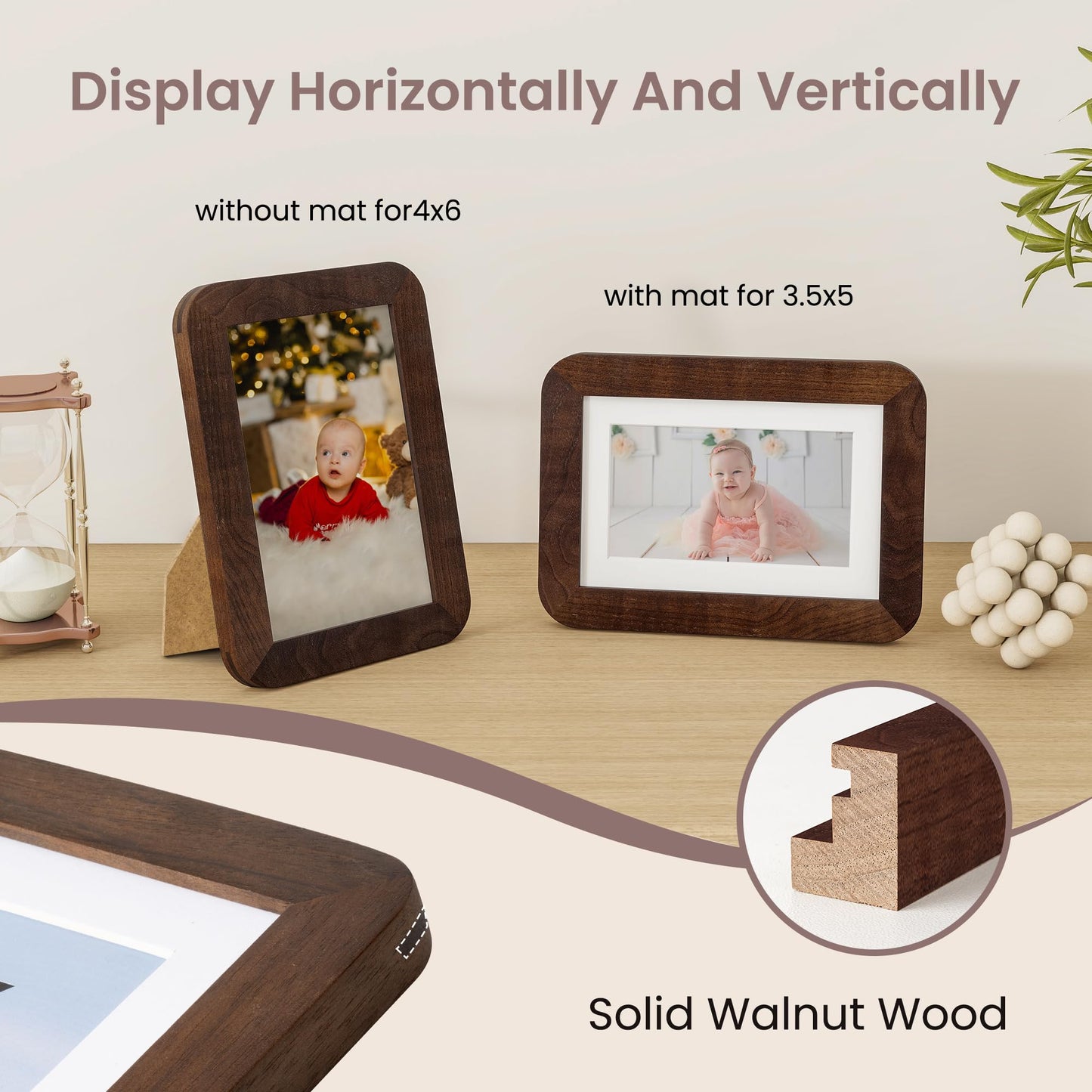 FLYJOE 4x6 Picture Frame - Solid Walnut Wood Frame 4x6 with Mat for 3.5x5, 4''x6''Photo Frame,Tabletop and Wall Display, Hanging Hardware Included, 4 By 6 Picture Frame Wood, Natural Walnut