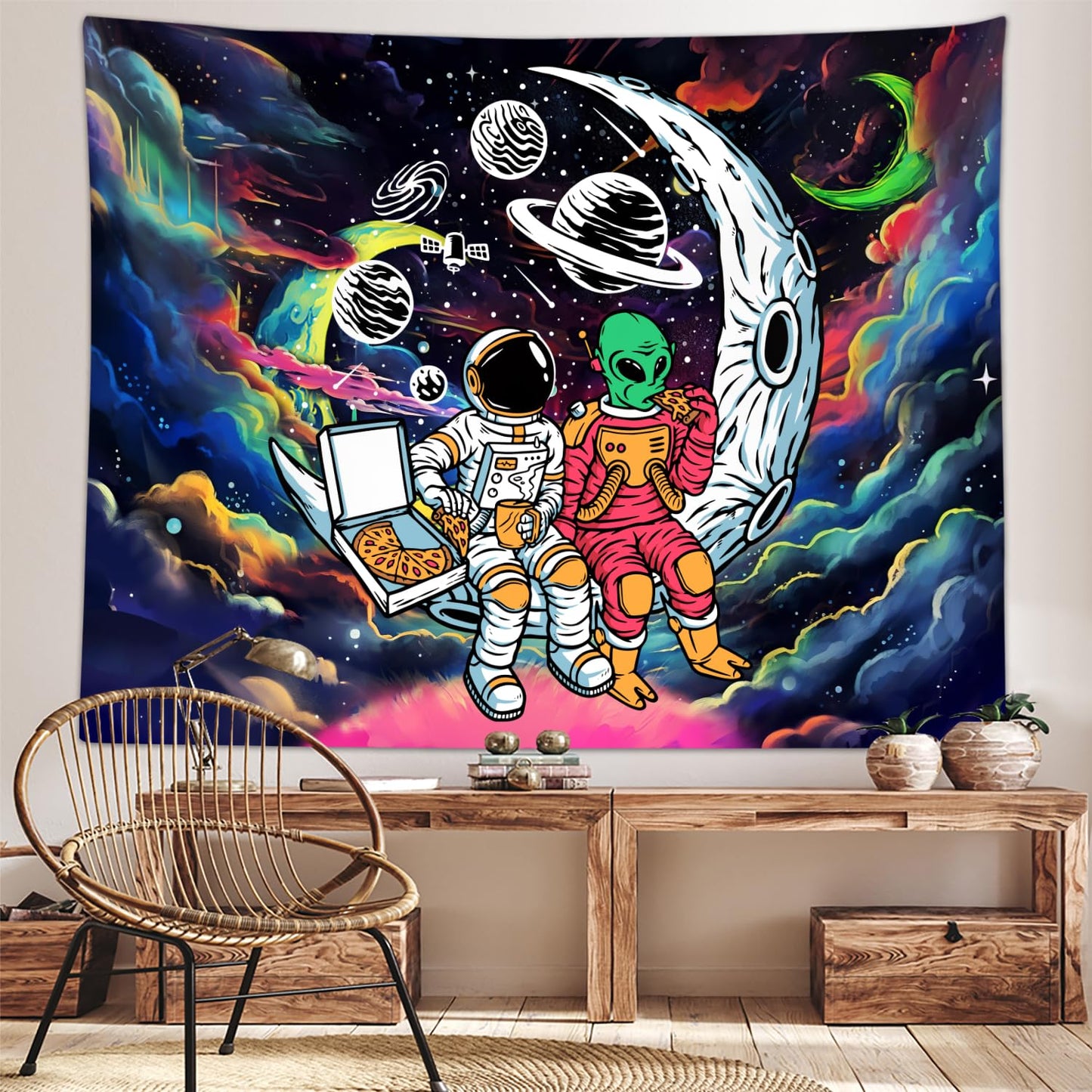 Sanzugh Funny Space Astronaut Alien Tapestry for Men Guys Bedroom, Cool Trippy Universe Planet Art Tapestries Wall Hanging College Dorm Boys Room Decor 60"X40", Psychedelic Blacklight Galaxy Poster