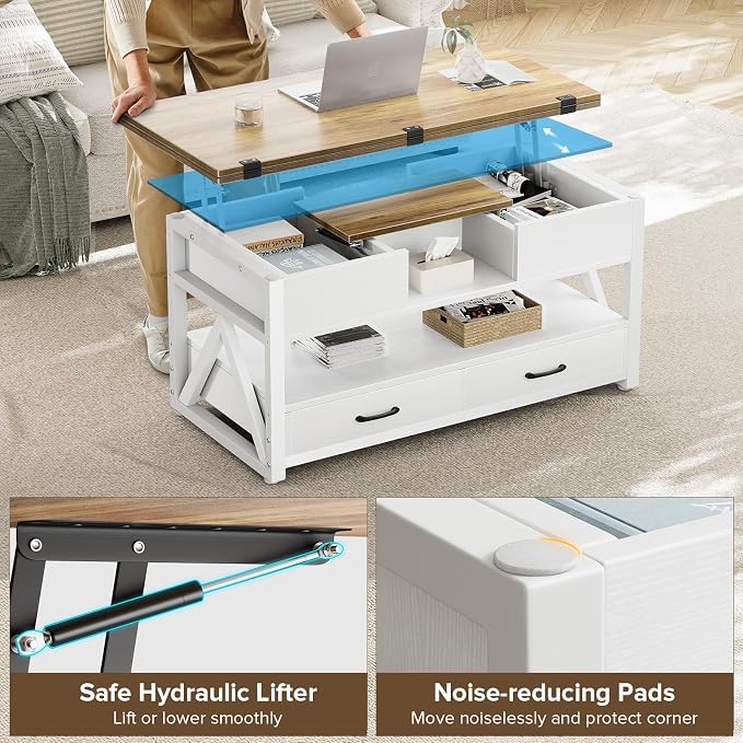 Memobarco 40" Lift Top Coffee Table,4 in 1 Multi-Function Lift Coffee Tables with Storage Drawers and Hidden Compartmen,Farmhouse Coffee Table with Lifting top for Living Room, White+Brown