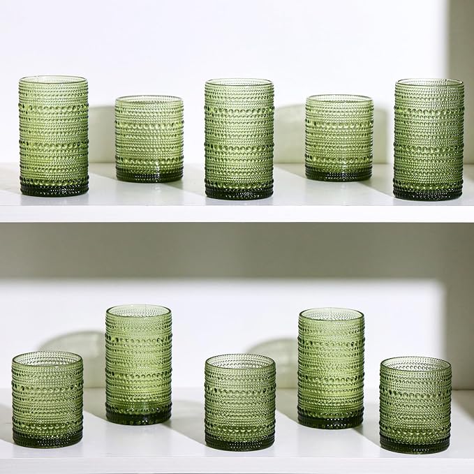 Moretoes Hobnail Drinking Glasses Set of 6, 12 Oz Highball Glasses & 10 Oz Cocktail Glasses, Clear Embossed Boho Glass Cups Kitchen Bar Tumbler Glassware Set for Whiskey, Beer, Juice, Milk (Green)