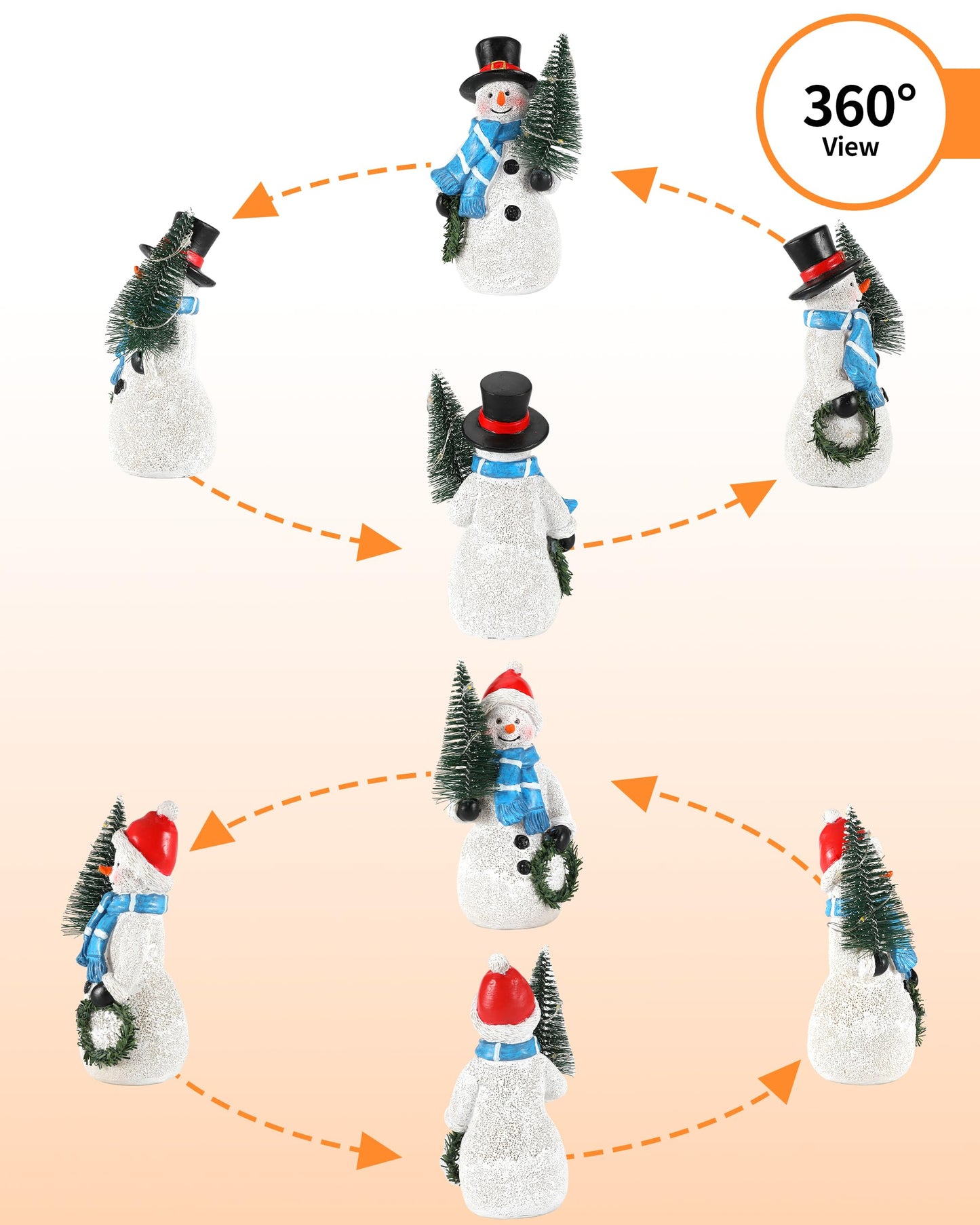 iStatue Resin Snowmen Figurines with Lighted Christmas Tree and Wreath 5'' - Set of 2 Battery Operated - Holiday Decorations Home Decor (Snowman)