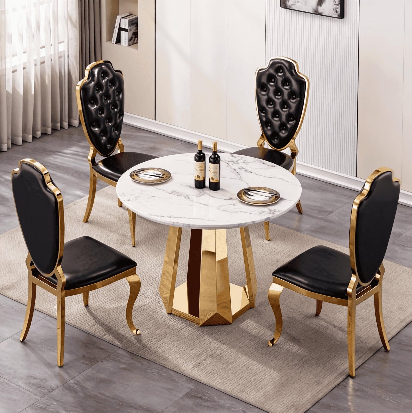 Glyph Form Round Faux Marble 47" Dining Table for 4-6, Luxury Gold Kitchen Table with Stainless Steel Base, Easy to Clean & Heavy Duty Modern Dining Room Table for Home Office, White, MDF(Table Only)
