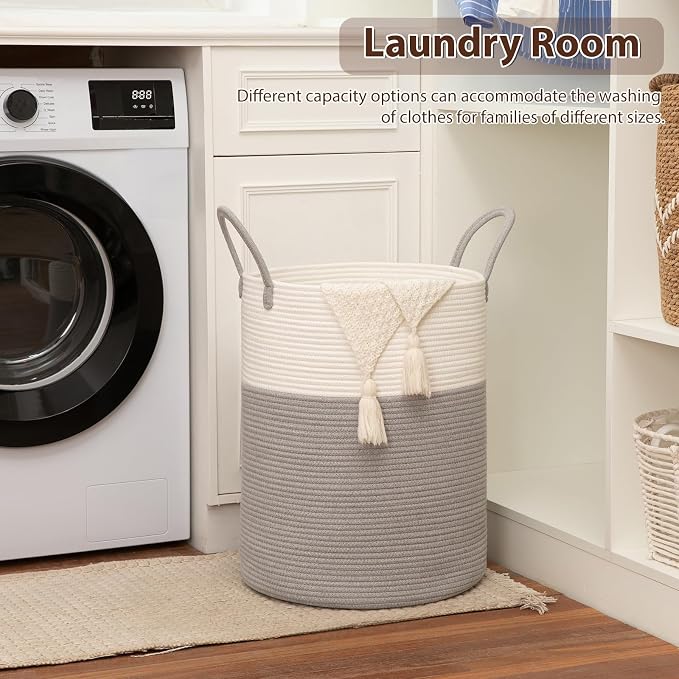 OIAHOMY Large Laundry Basket Hamper - 80L Cotton Rope Woven Basket for Blankets, Toys, Clothes - Tall Decorative Nursery Hamper with Long Handles, Grey/White