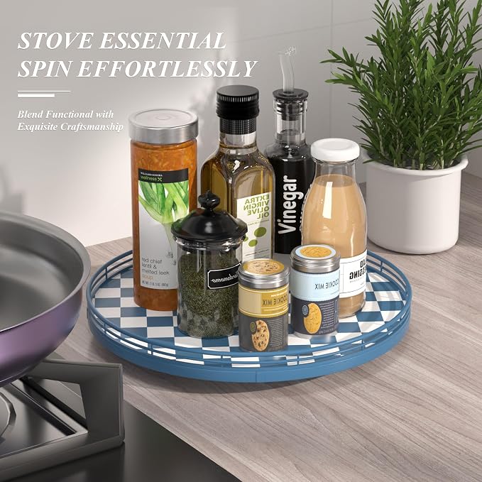Premium Rubber Wood Lazy Susan Turntable, Blue White Checkerboard Decorative Serving Tray, Hand-Welded Metal Railing, Stable Rotating Organizer for Dining Table, Kitchen Counter, Coffee Table Decor