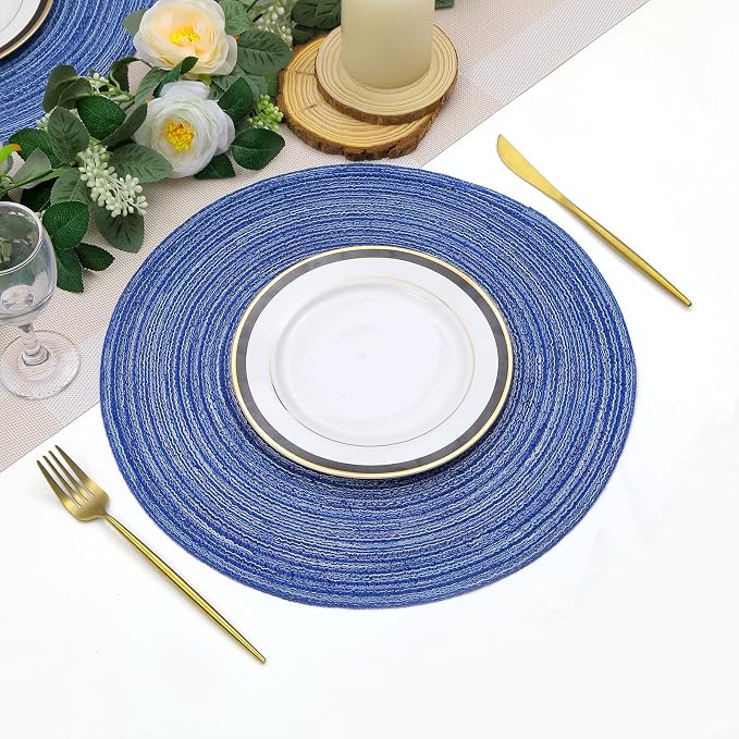 SHACOS Round Braided Placemats Set of 8 Round Table Mats for Dining Tables Washable Fabric Kitchen Table Place Mats (Blue White, 8)
