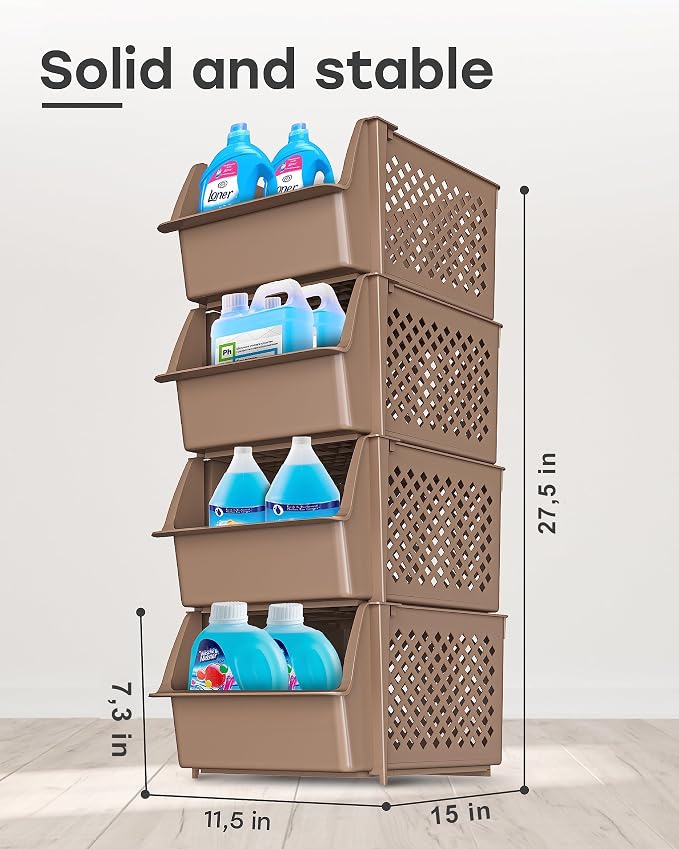 TidyFriend Plastic Stackable Storage Bins for Pantry, 4 Pack Stackable Bins For Organizing Food, Kitchen, and Bathroom Essentials (Brown) | Sturdy Plastic, Easy Stacking, Open Front Access, Ventilated Sides, Vertical & Space Saving Pantry Organizers an...