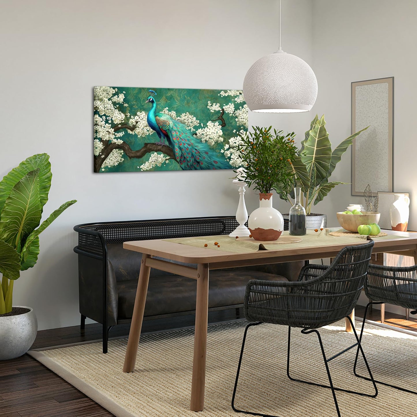 OuElegent Peacock Canvas Wall Art Green and White Flower Elegant Animal Painting Pictures Artworks for Living Room Bedroom Wall Decor Ready to Hang 24"x48"