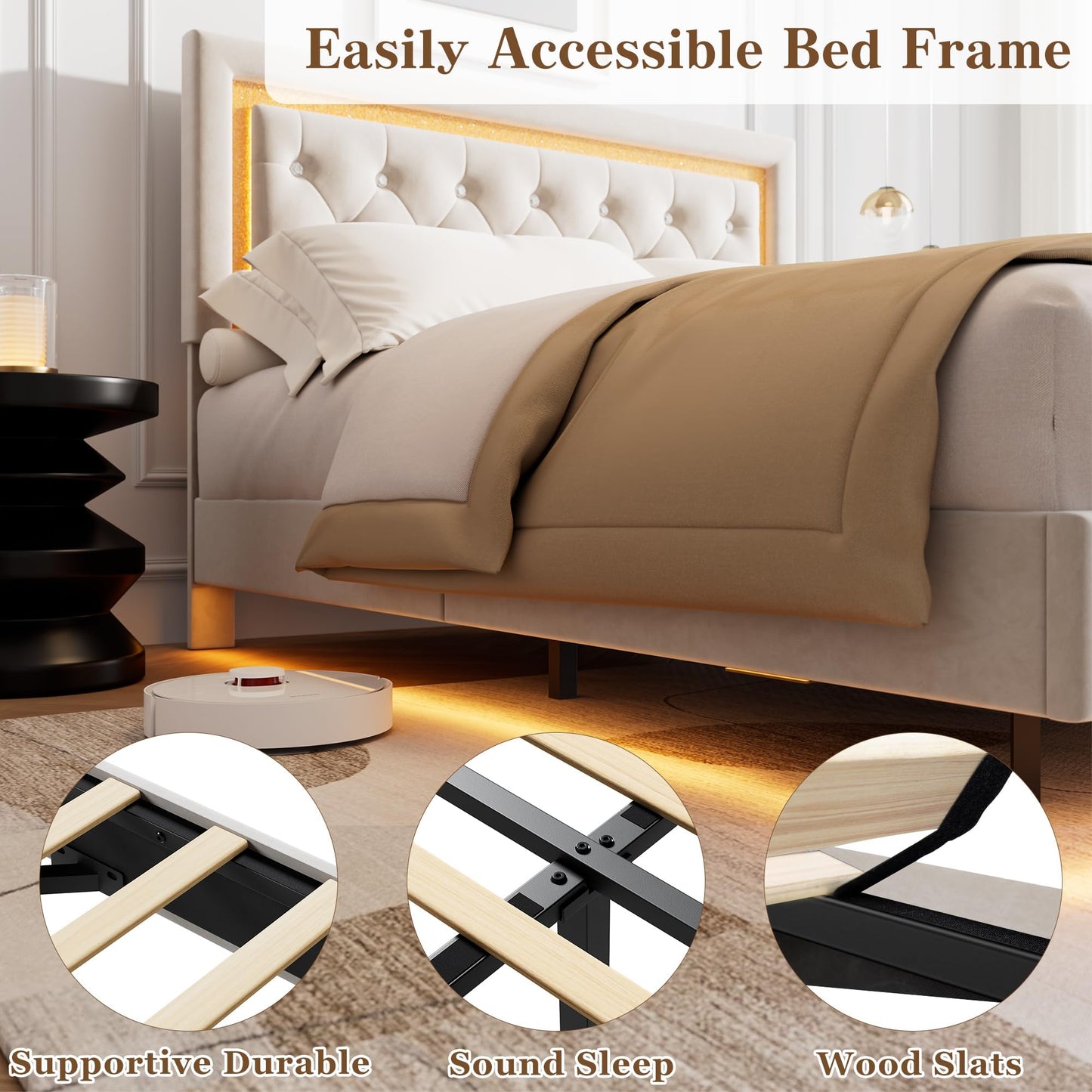 IDEALHOUSE Floating Queen Platform Bed Frame with Smart LED Lights – Modern Upholstered Diamond Headboard, Sturdy Wood Slats, Noise-Free, Easy Assembly, Sturdy Bedroom Furniture