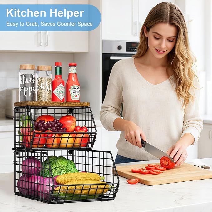 Stackable Fruit Basket for Kitchen Counter, 2 Tier Wire Baskets with Wooden Lid Top, Vegetable Storage Organizer Bins, Wall Mountable Pantry Baskets for Produce, Onion, Potato, Black