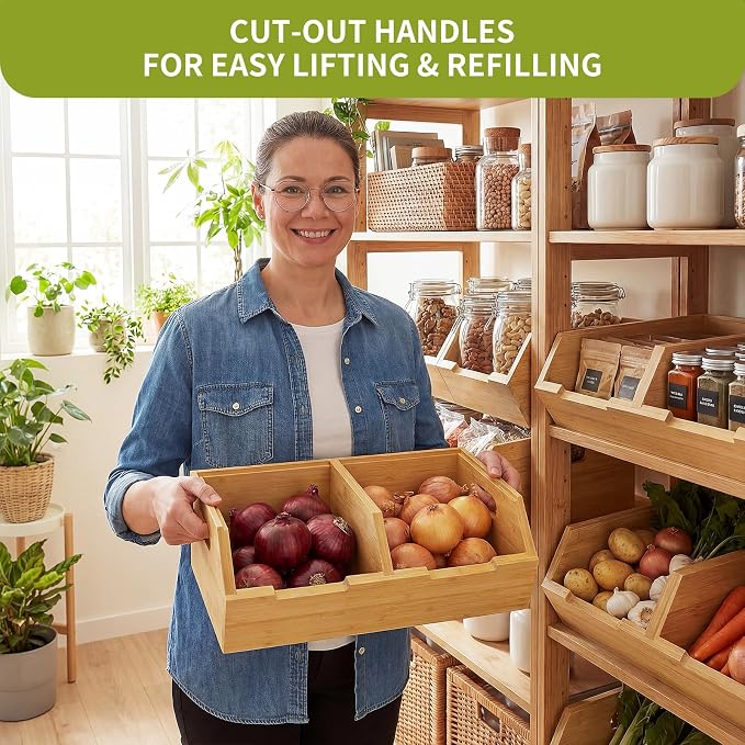 Bamboo Pantry Storage Bins, Stackable Potato and Onion Storage Bin for Kitchen Countertop, Wood Pantry Organizer Baskets for Fruit Vegetable Snack