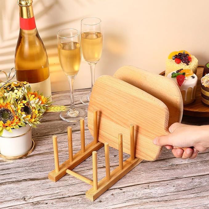 Yinkin 8 Pcs Bamboo Wooden Plate Rack Dish Drying Rack Wood Pot Lid Holder Stand Kitchen Cabinet Organizer for Bowl Cup Cutting Board