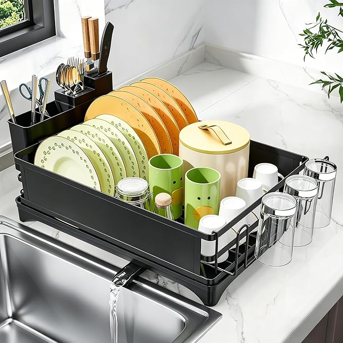 Simple Trending Dish Drying Rack, Space-Saving Large Dish Rack for Kitchen Counter, Anti-Rust Dish Drainer with Cutlery & Cup Holders, Black