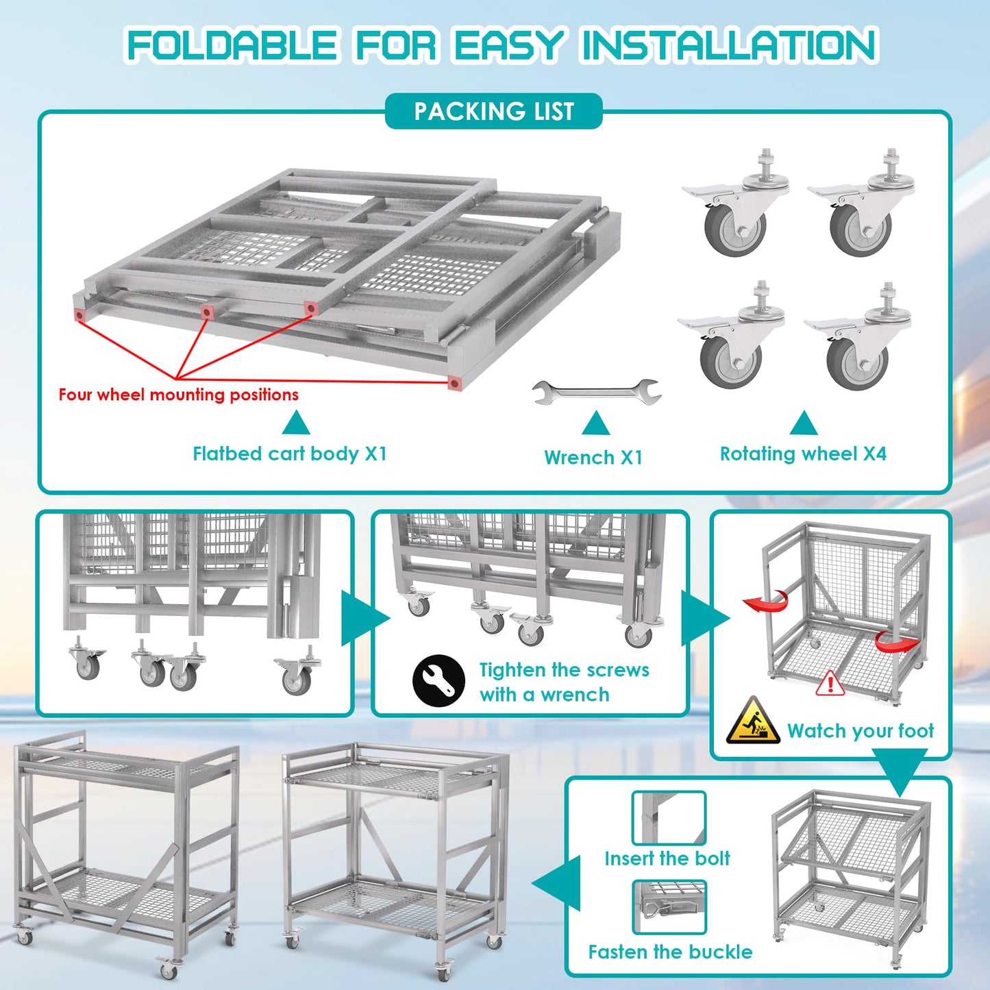 2 Shelf Rolling Cart with Wheels, 660lbs Capacity Collapsible Steel Rolling Utility Cart, Heavy-Duty Foldable Hand Truck, Metal Storage Carts with Handle for Groceries, Warehouse (36" Lx26 W)