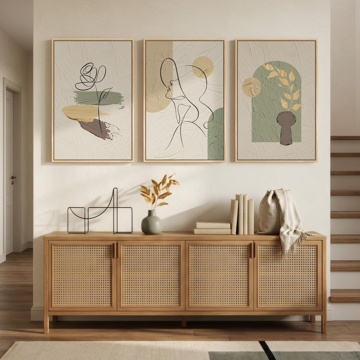 Framed Abstract Boho Wall Art for Bedroom, Set of 3 Large Neutral Canvas Prints Paintings, Modern Minimalist Line Face Botanical Picture Artwork Decor for Living Room Hallway 16x24 Inch
