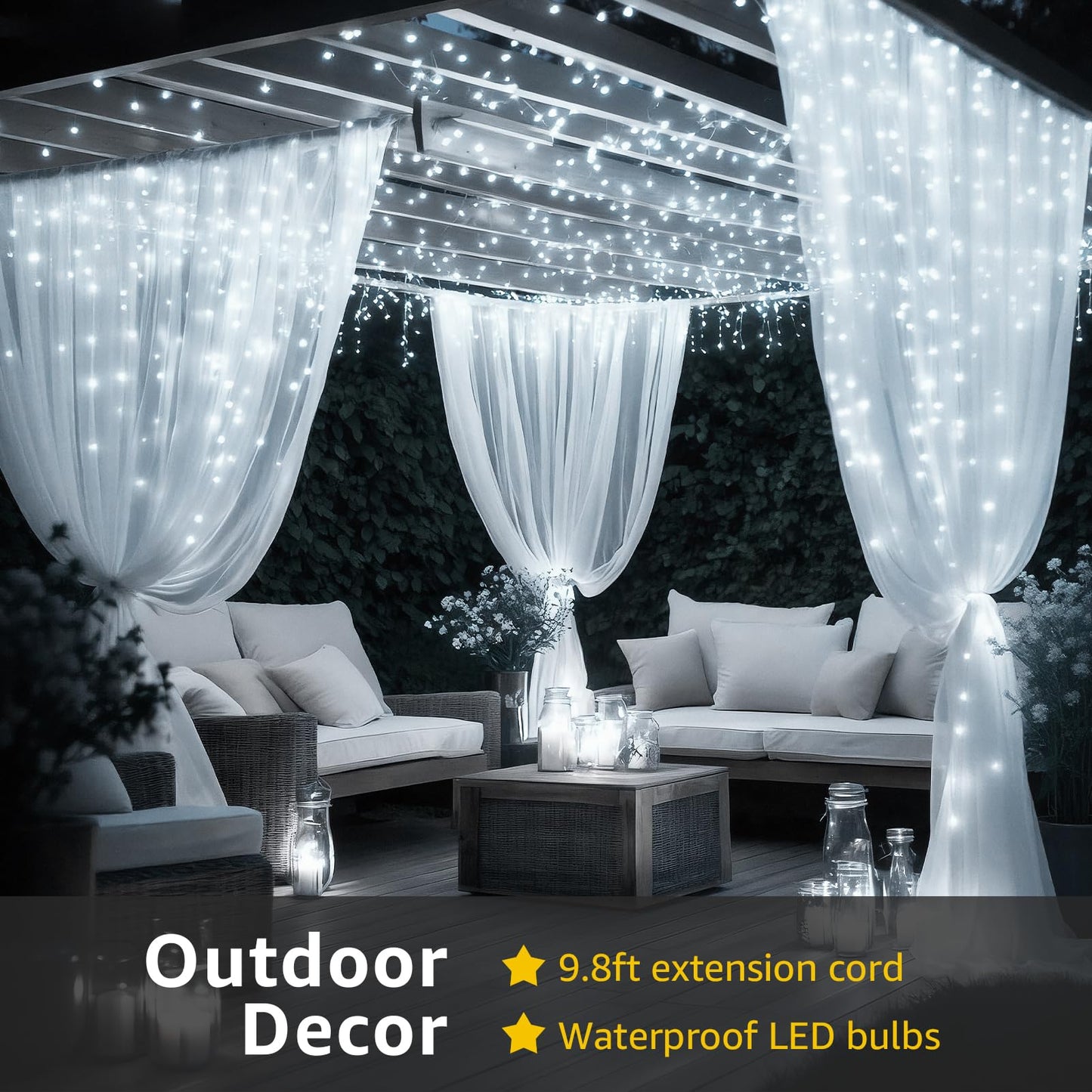 FUYO Window Curtain String Lights for Bedroom, 300 LED Fairy String Light 8 Lighting Modes Waterproof Lights for Christmas Bedroom Party Wedding Home Garden Wall Decorations (White)