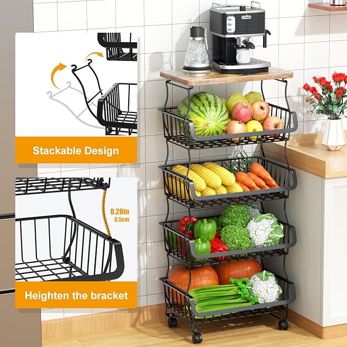 Gsiekare Fruit Vegetable Basket for Kitchen, 5 Tier Stackable Fruit Vegetable Storage Baskets with Wheels, Metal Wire Storage Basket Organizer Baskets for Kitchen, Pantry, Bathroom