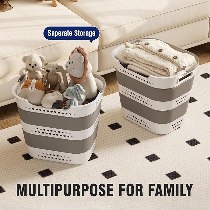 Collapsible Plastic Laundry Basket Hamper with Handles, Large 42L Portable Rubber Clothes Basket, Pop Up Storage Container/Organizer for Washing & Storage, Grey